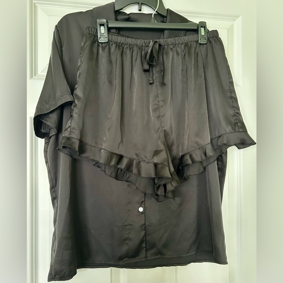 Other - Women's Black Satin Ruffle Shorts Set - Classic Lounge Top & Shorts